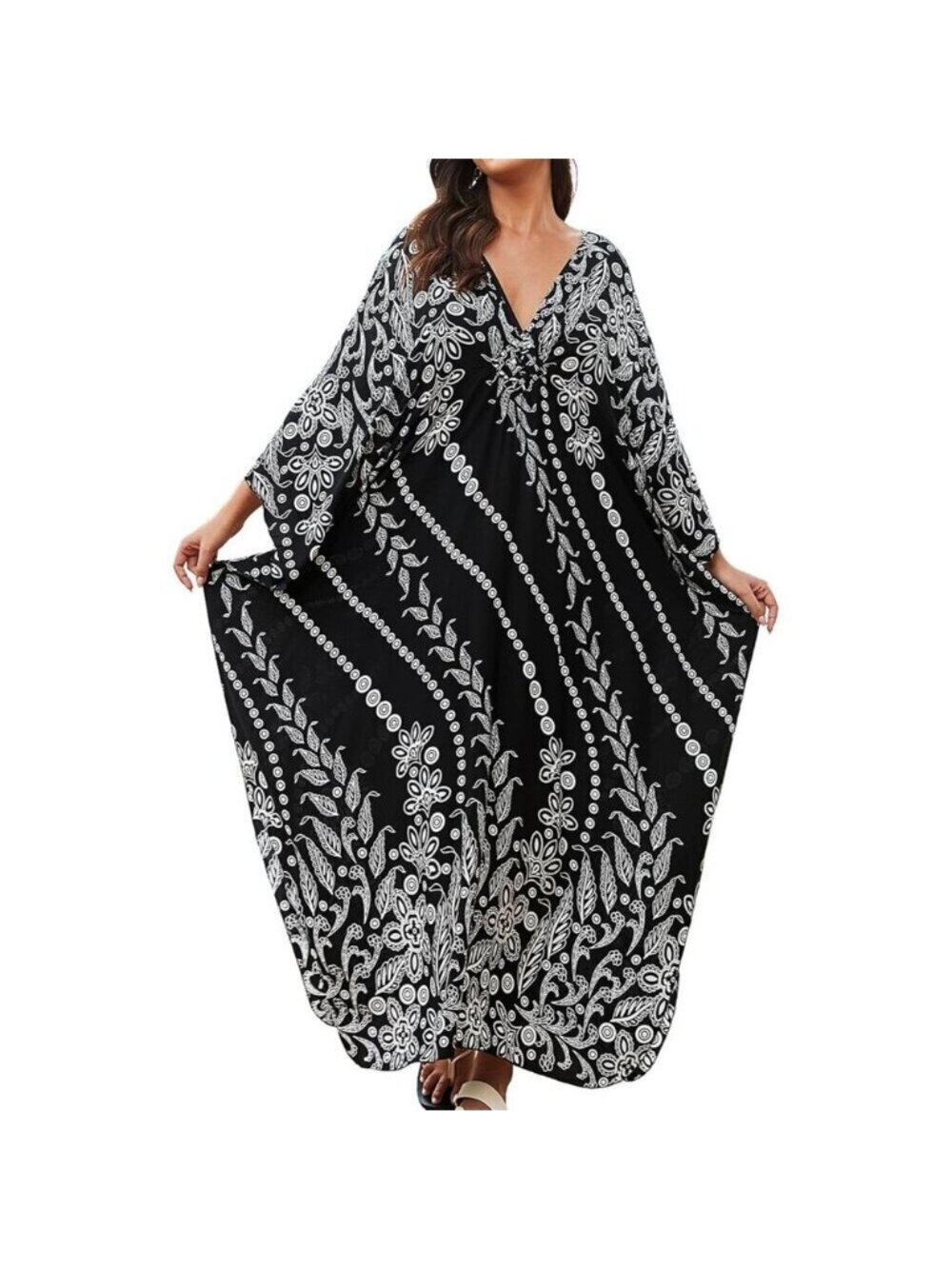 Womens Black & White V-neck Batwing Sleeve Flowy Split Hem Bohemian Kaftan Dress